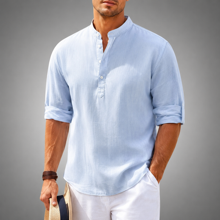 Alsidig langærmet herreskjorte med unik stående krave, ideel til forårs- og sommerlooks.