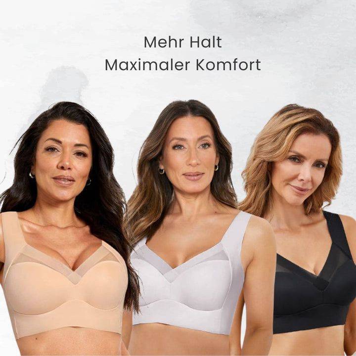 Bøjlefri komfort-bh i beige, ergonomisk og sømløs, med polstrede stropper, ideel for bedre støtte og kropsholdning.