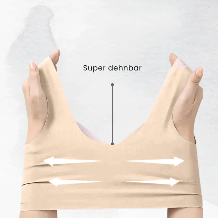 Bøjleløs komfort-BH i beige, ergonomisk design, holdningskorrektion, åndbar og sømløs for optimal støtte.