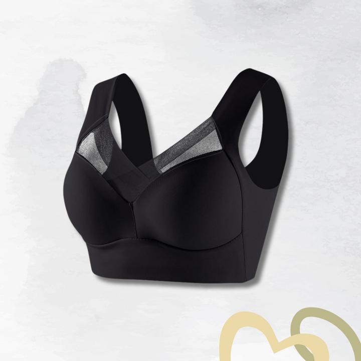 Bøjleløs komfort-BH i beige, ergonomisk design, holdningskorrektion, åndbar og sømløs for optimal støtte.