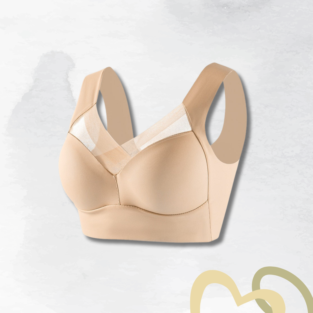 Bøjleløs komfort-BH i beige, ergonomisk design, holdningskorrektion, åndbar og sømløs for optimal støtte.