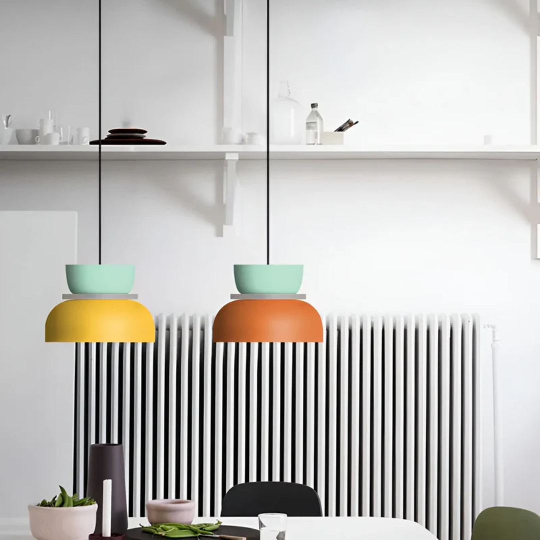 Moderne Macaron LED Pendel Lampe i Gul-Rosa variant.