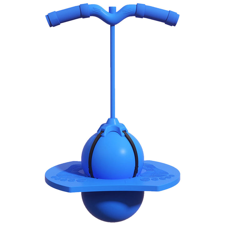 Nærbillede af en blå BounceBuddy hoppepind, PVC-materiale