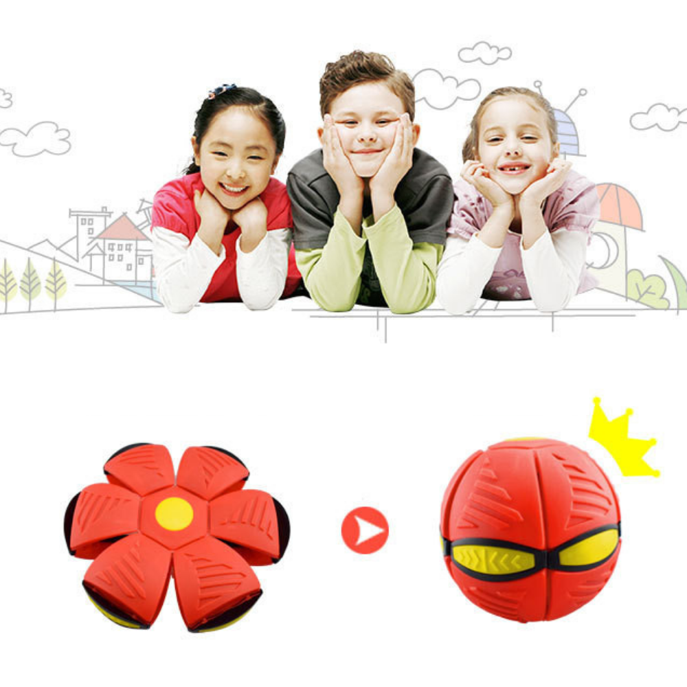 Farverig transformerende bold til børn, der forvandles fra en flad skive til en bold, ideel til udendørs sjov.