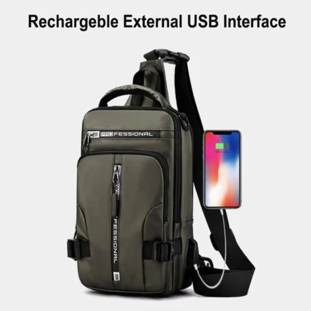 Praktisk unisex skuldertaske med indbygget USB-opladningsport og vandtæt beskyttelse til elektronik.