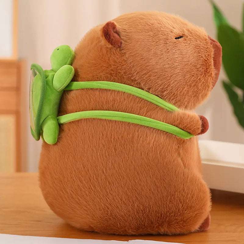 Capybara plysdyr, detaljeret billede af ansigt og rygsæk, perfekt til at kramme.