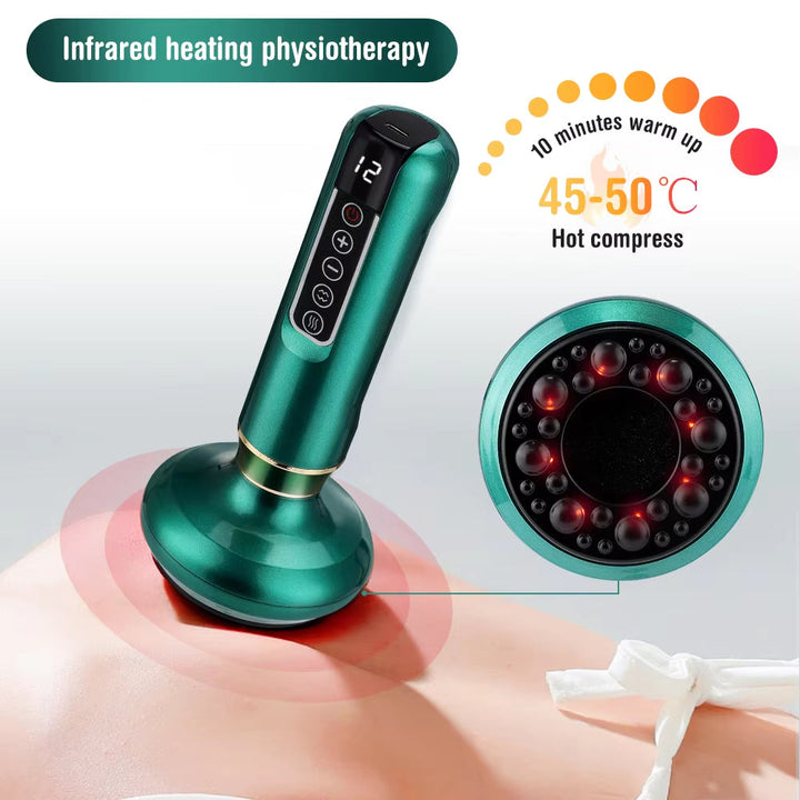 Multifunktionelt massageapparat med cupping og infrarød varme til kropspleje og opstramning.