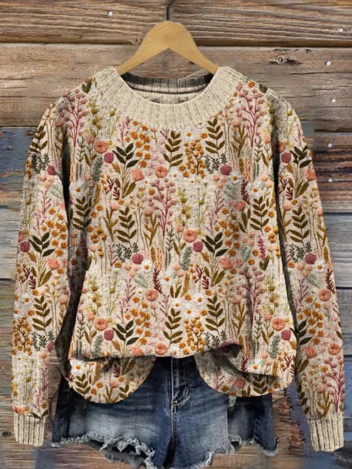 Dame behagelig blomstret sweater, elegant langærmet top til hverdagskomfort. Feminin mode.