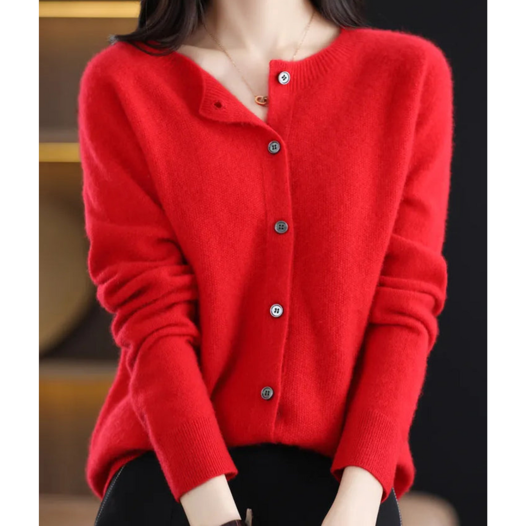 Elegant dame cardigan med rund hals, ideel til stilfulde outfits og komfortabel mode. Alsidig og tidløs beklædning.