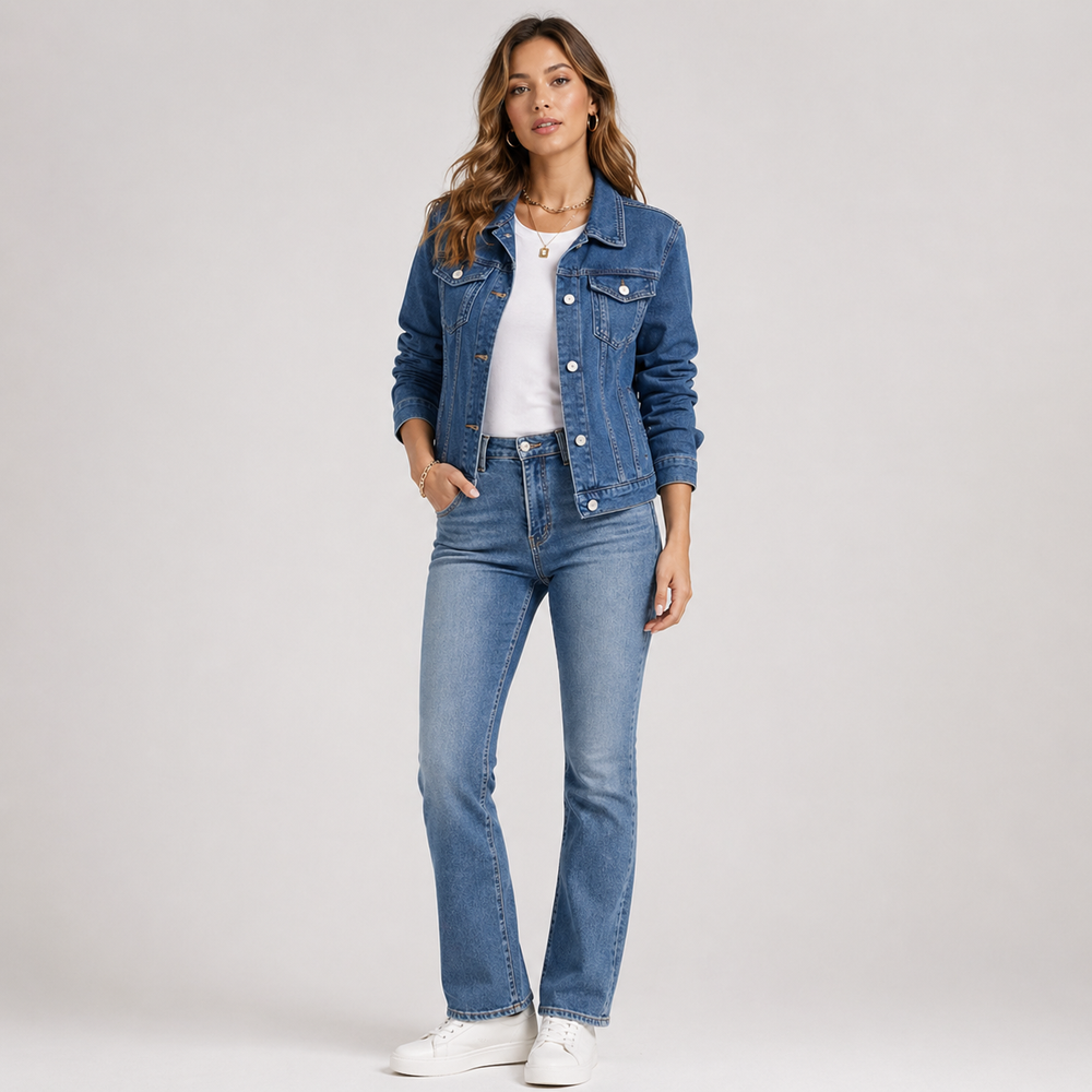 Komfortabel blå denimjakke til kvinder med klassisk knaplukning og brystlommer. Perfekt til mode.
