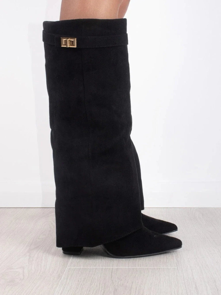 Sorte elegante høje støvler til damer, med glat finish og stabil blokhæl, fodtøj til vinter.
