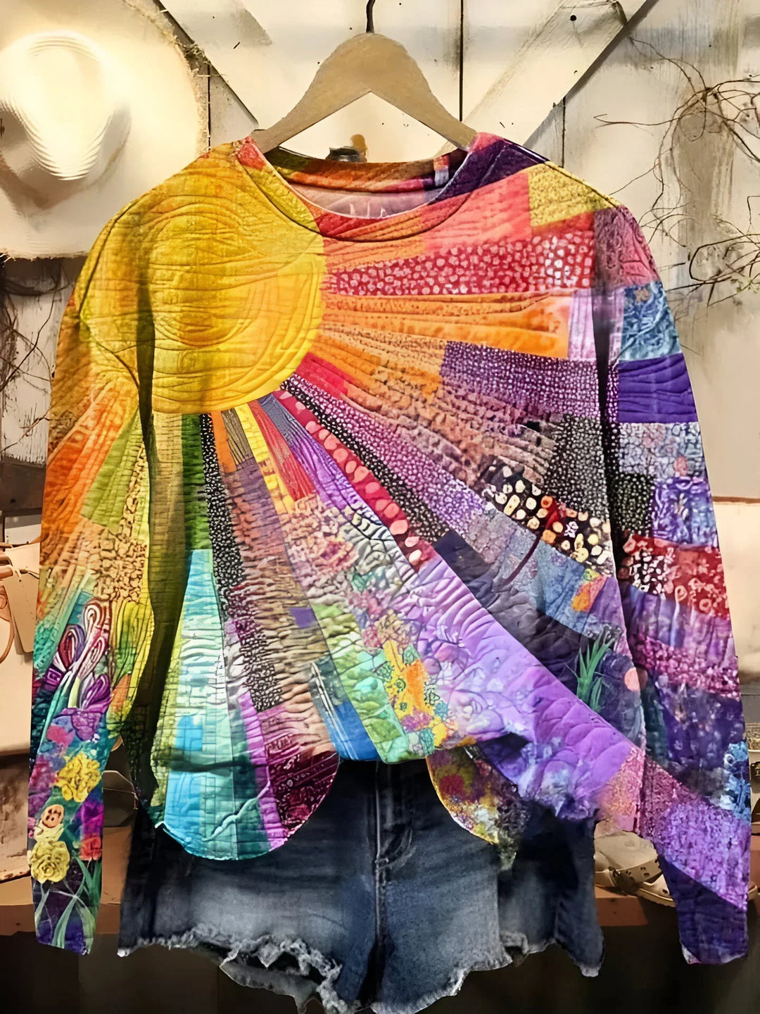 Dame farverig sol-collage sweatshirt med unikt design til hverdag. Komfortabel langærmet trøje til kvinder.