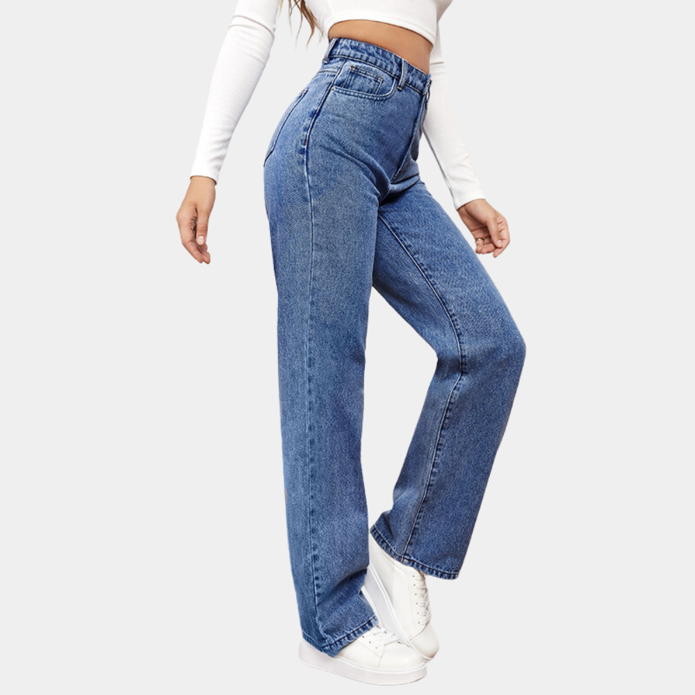 Dame højtaljede straight-leg jeans i klassisk blå denim for tidløs stil og komfort.