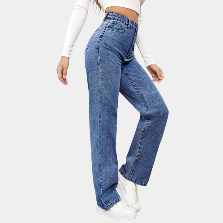 Dame højtaljede straight-leg jeans i klassisk blå denim for tidløs stil og komfort.