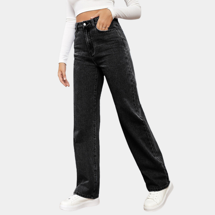 Alsidige blå straight-leg højtaljede jeans til damer, der kombinerer mode og funktion.