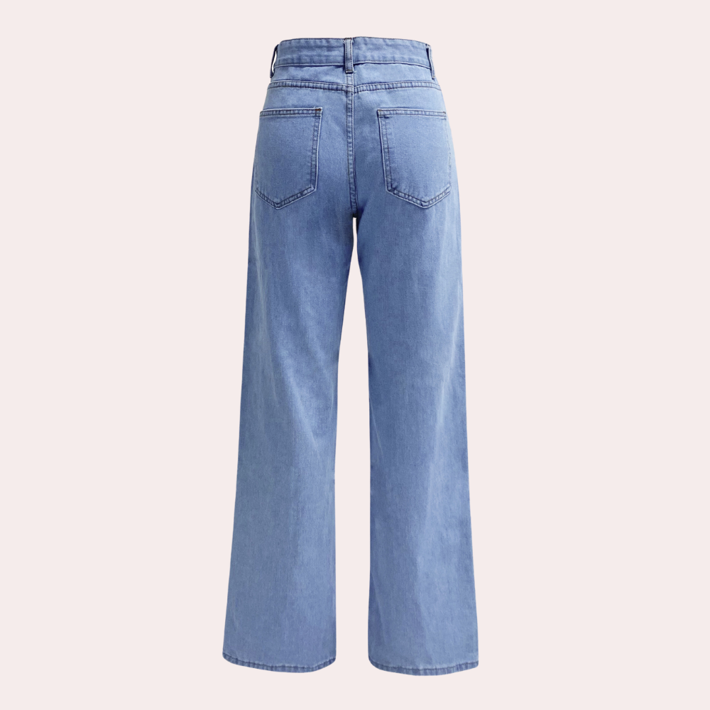 Stilfulde blå damejeans med høj talje og straight-leg pasform; perfekt til enhver garderobe.