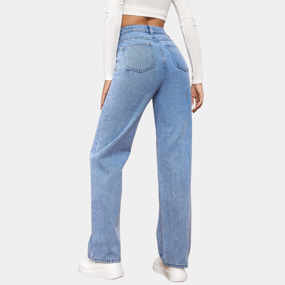 Behagelige hverdagsjeans: blå højtaljede straight-leg jeans til kvinder med fokus på komfort.