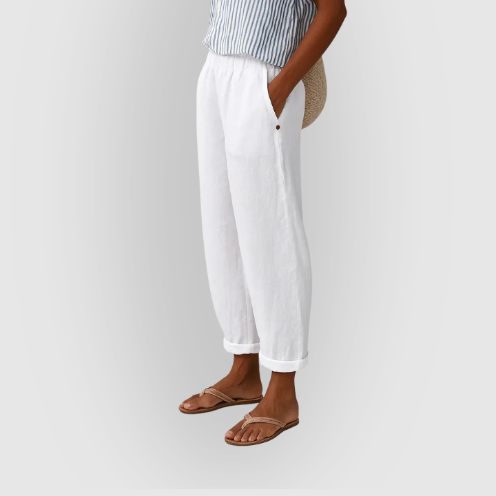 Lette og luftige dame sommerbukser i hørlook med løs pasform, perfekte til ferie og casual outfits.