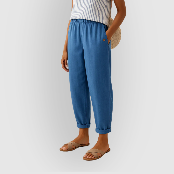 Komfortable damebukser med elastisk talje og løs pasform, i let hørlook materiale for sommerdage.