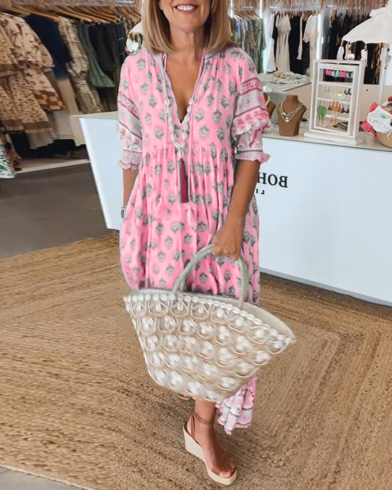 Alsidig Leny damekjole; casual forårskjole, elegant sommerkjole. Maxi design med V-hals og lanternærmer.