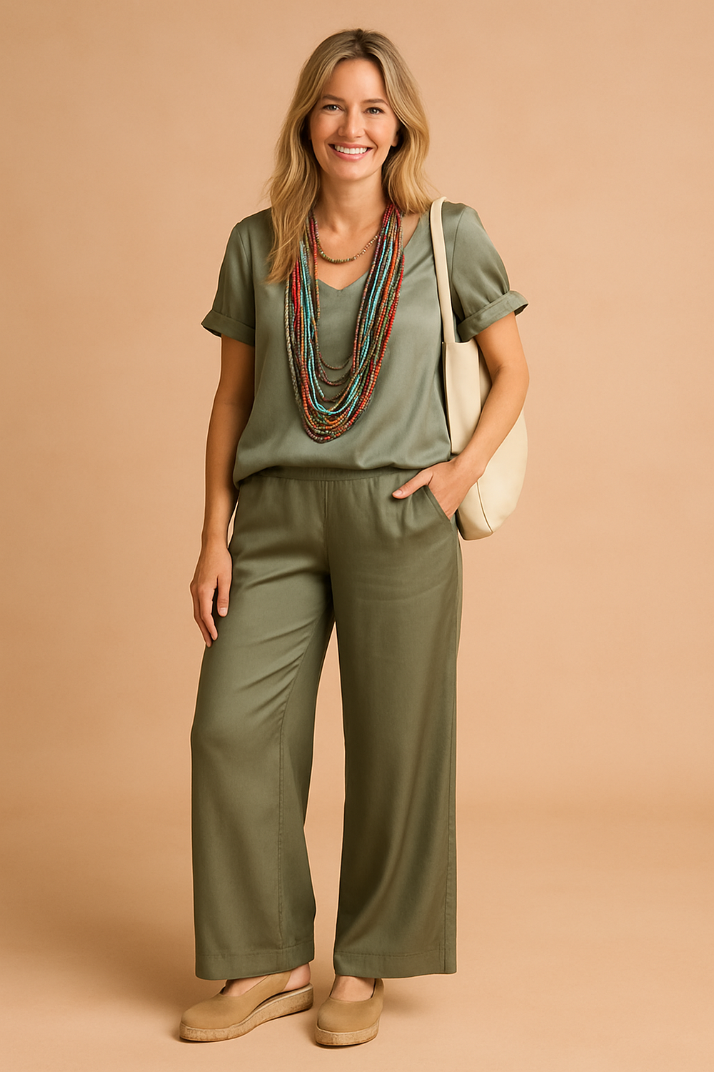 Grønt Dame Livia todelt co-ord sæt i satin med bredbenede bukser og oversize top. Perfekt sommer sæt.