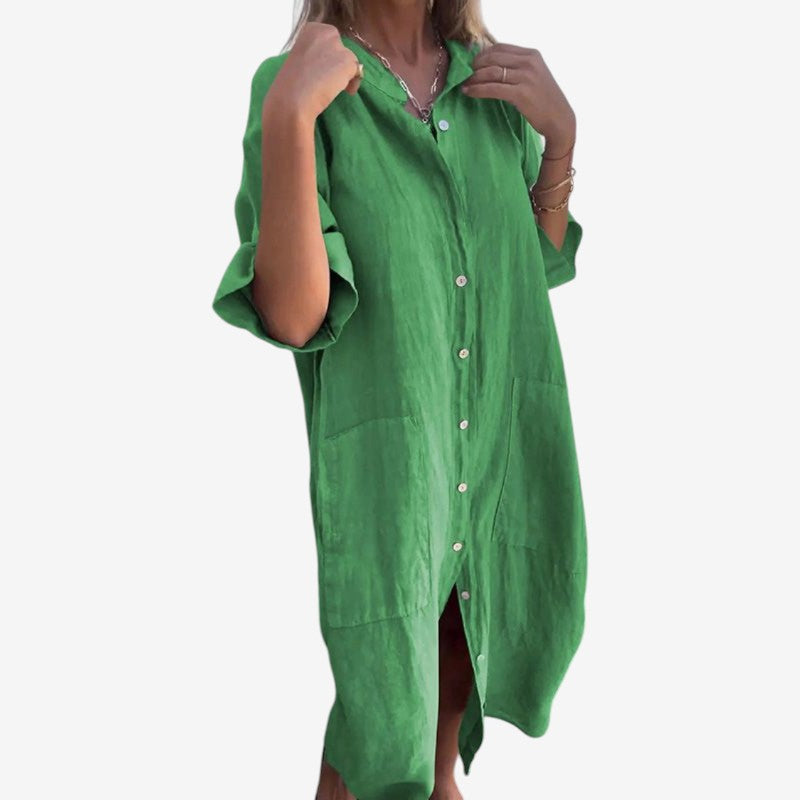 Stilren dame midi kjole med lange ærmer, perfekt til forår, sommer og efterår. Løs pasform og casual look.