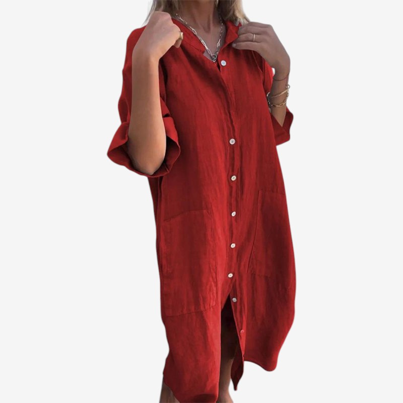 Casual damekjole: midi længde, løs pasform og lange ærmer. Ideel som hverdagskjole, komfortabel og trendy.