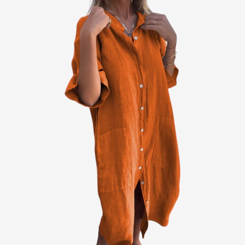 Elegant dame midi kjole med lange ærmer og løs pasform. En alsidig og behagelig kjole perfekt til kvinder.