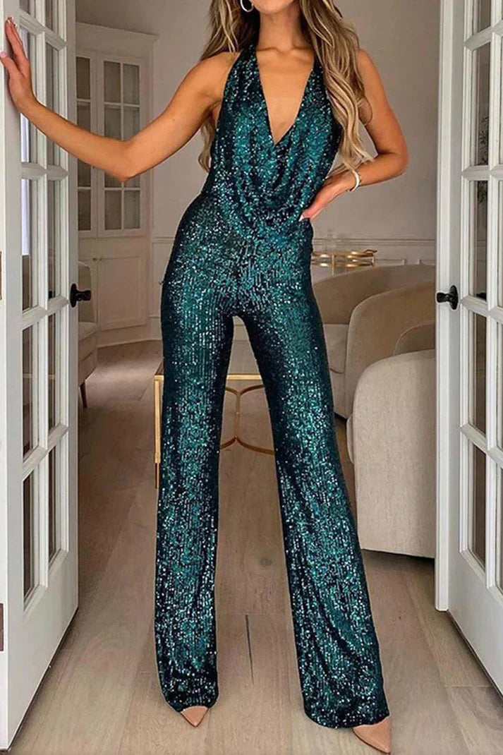 Elegant dame jumpsuit i pailletter med draperet halterneck, ideel til fest, galla og aftenmode.
