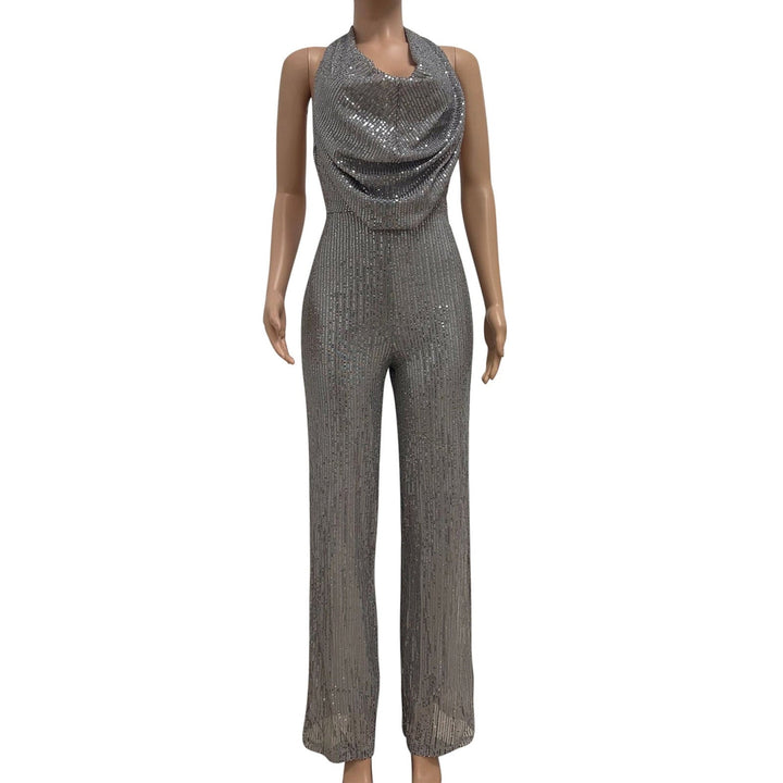 Chic dame jumpsuit med pailletter og en smuk draperet halterneck. Ideelt festtøj med et glamorøst look.