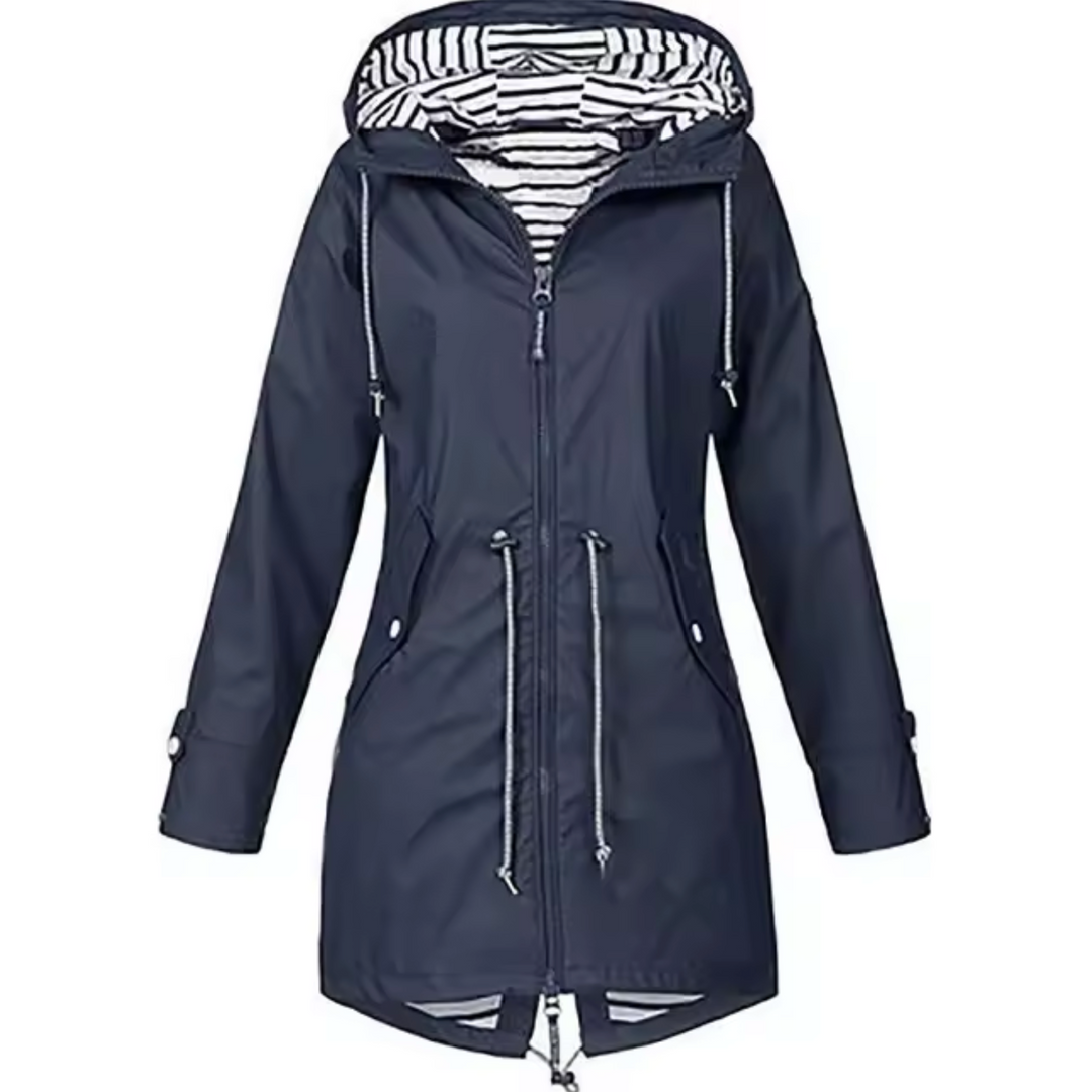 Trendy parka jakke til damer med smart stribet for og praktisk snøre i taljen. Perfekt overgangsjakke.