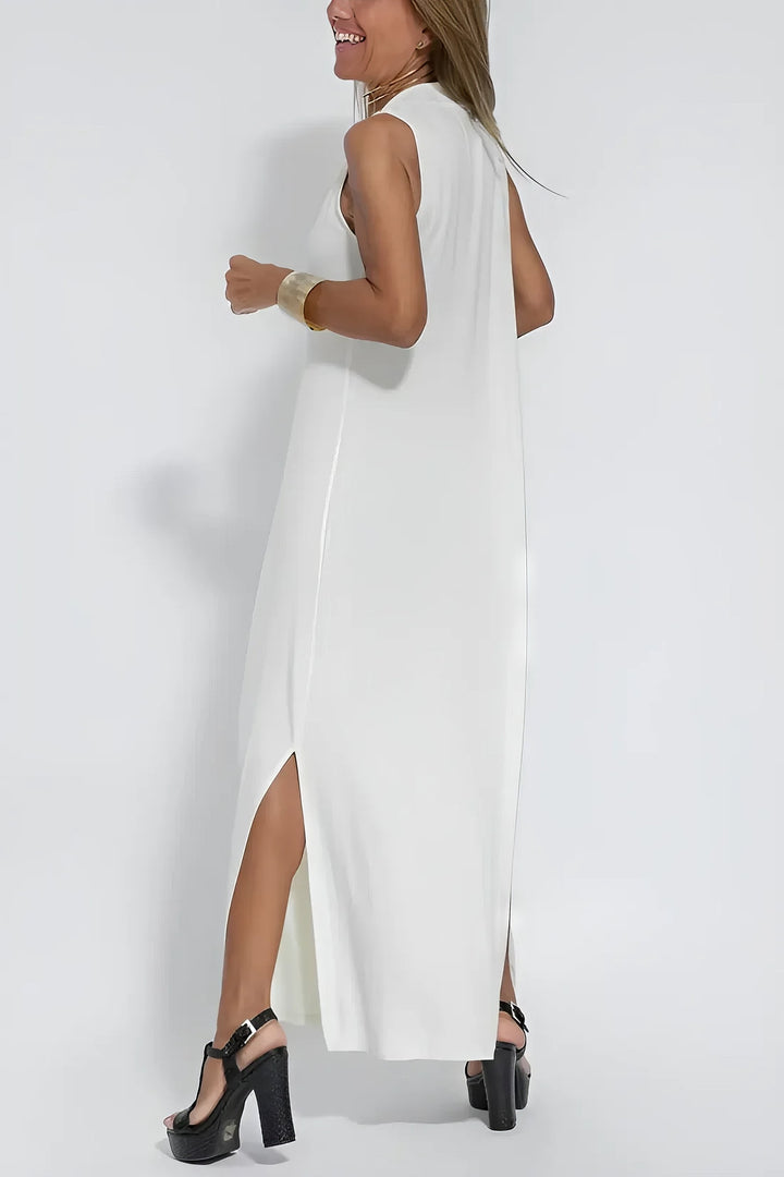 V-udskæring plus size lang damekjole, ærmeløs og elegant, ideel som sommerkjole.