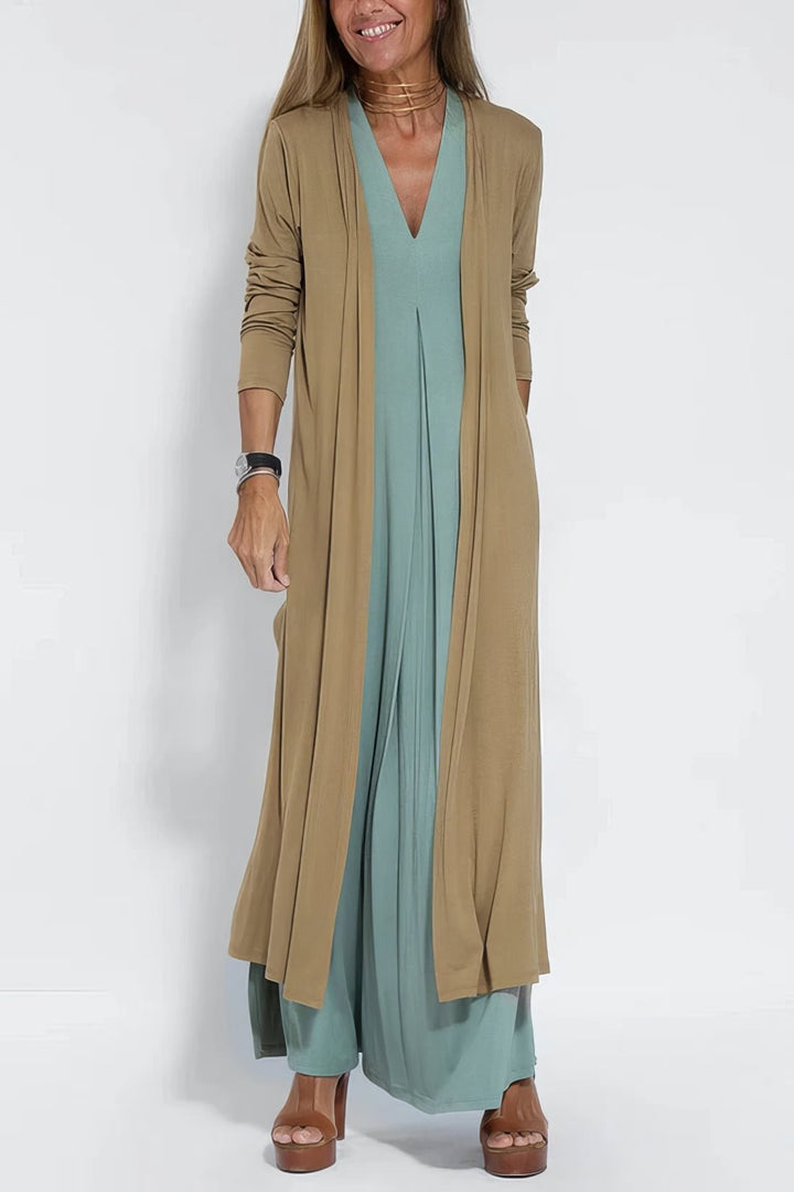 Dame maxikjole plus size, elegant V-udskæring, ærmeløs, perfekt til fest og sommer.