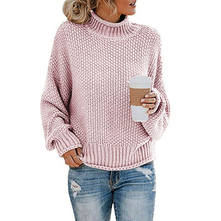 Dame sweater, striktrøje, høj krave. Varm, komfortabel og stilfuld til efterår/vinter mode.