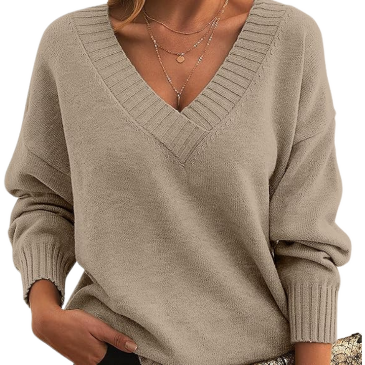 Dame V-hals sweater, afslappet pasform, perfekt til hverdag og komfort.