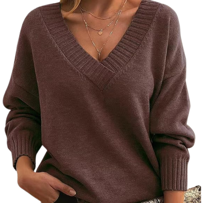 Moderne dame V-hals pullover, strikket for stil og varme.