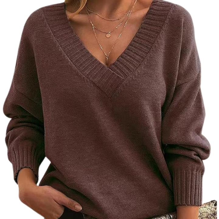 Moderne dame V-hals pullover, strikket for stil og varme.