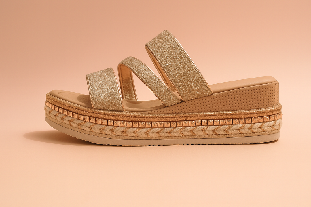 Dames skinnende plateausandaler i guldglimmer, perfekte til sommerfester og behagelig sommerstil.