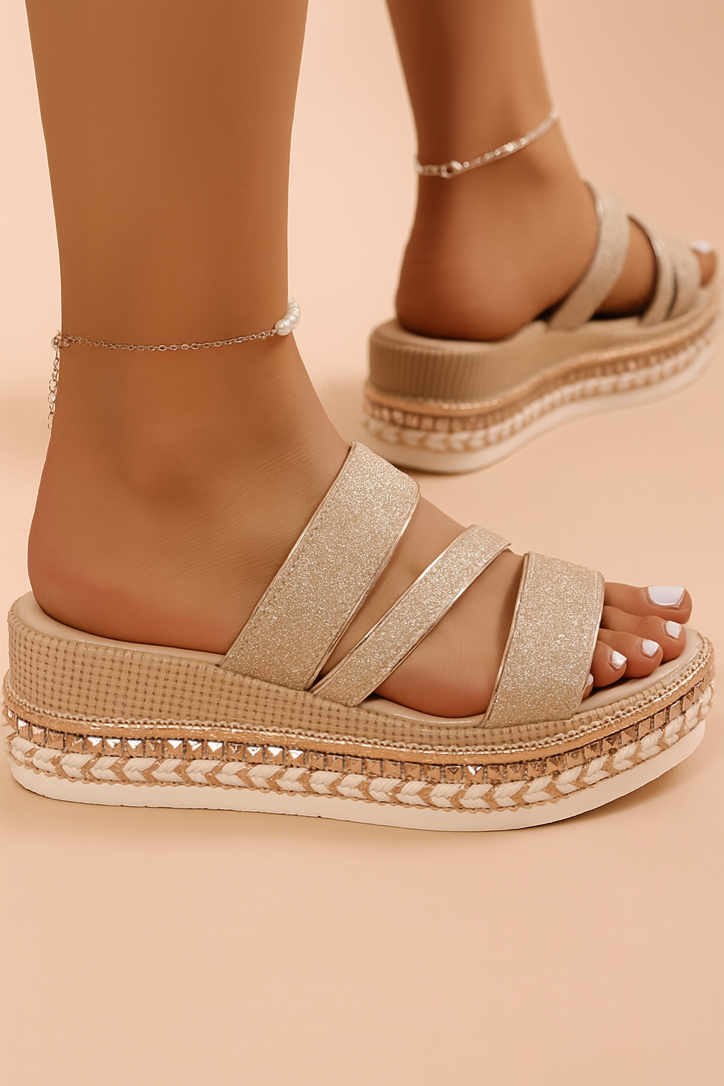 Komfortable dames glimmersandaler med plateauhæl. Ideelle som festsko eller stilfulde sommersko.