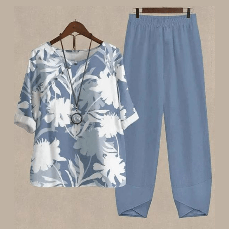 Casual damemode: Todelt sæt med afslappet top og løse bukser i behageligt design. Ideelt til et moderne outfit.