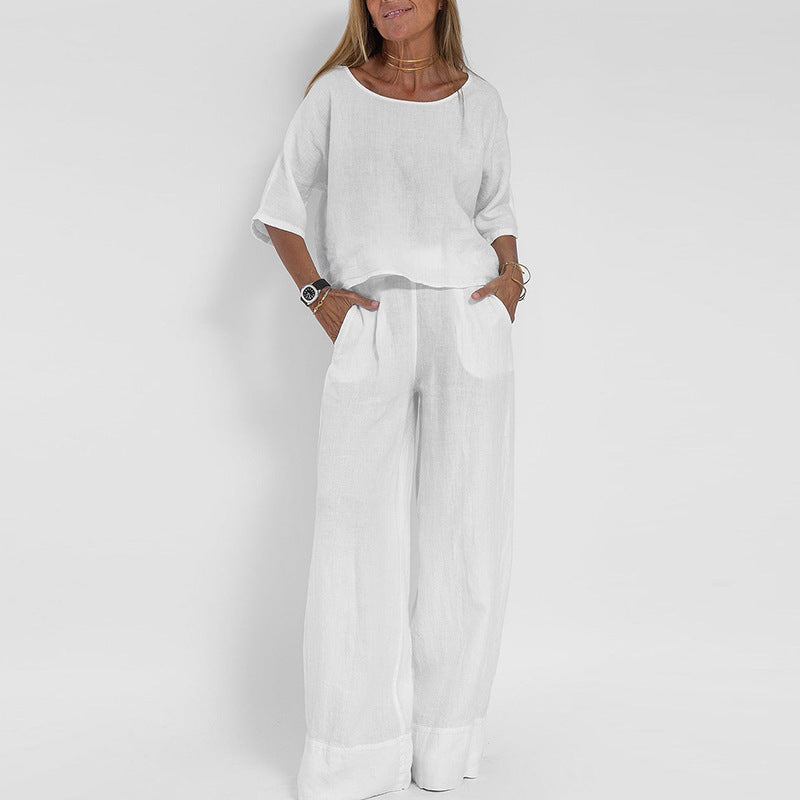 Trendy mode sæt til kvinder: Afslappet top og vide bukser, perfekt for fritid og sommer komfort.