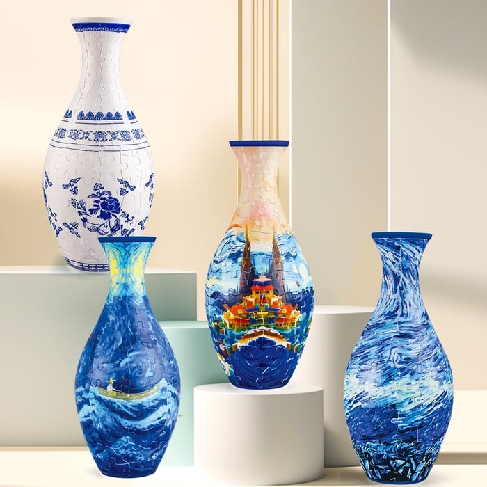 Dekorativ 3D puslespil vase, samlet og udstillet, en moderne blomsterholder til hjemmet.