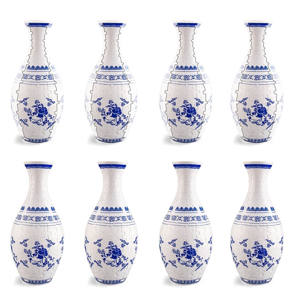 Dekorativ blomstervase, bygget af 3D puslespilsbrikker, et spændende og personligt DIY projekt.