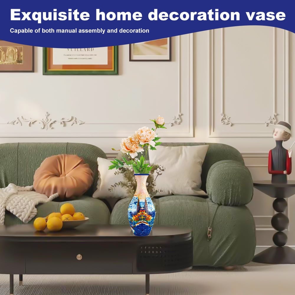 Nærbillede af 3D puslespil vase med aftagelig vandbeholder, klar til friske blomster.