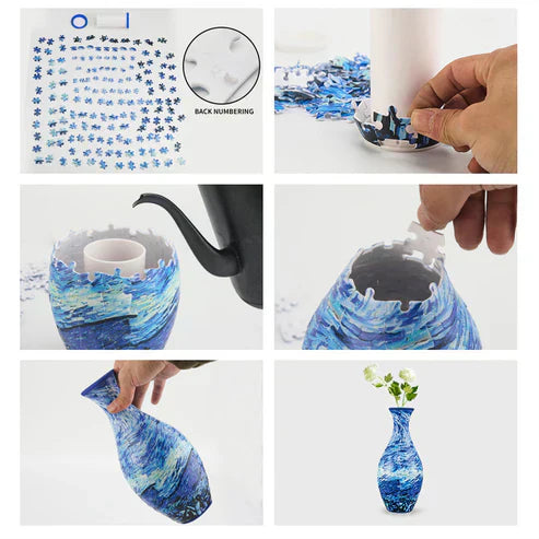Kreativ dekoration: hvid 3D puslespil vase med grønne planter på et stilfuldt bord.