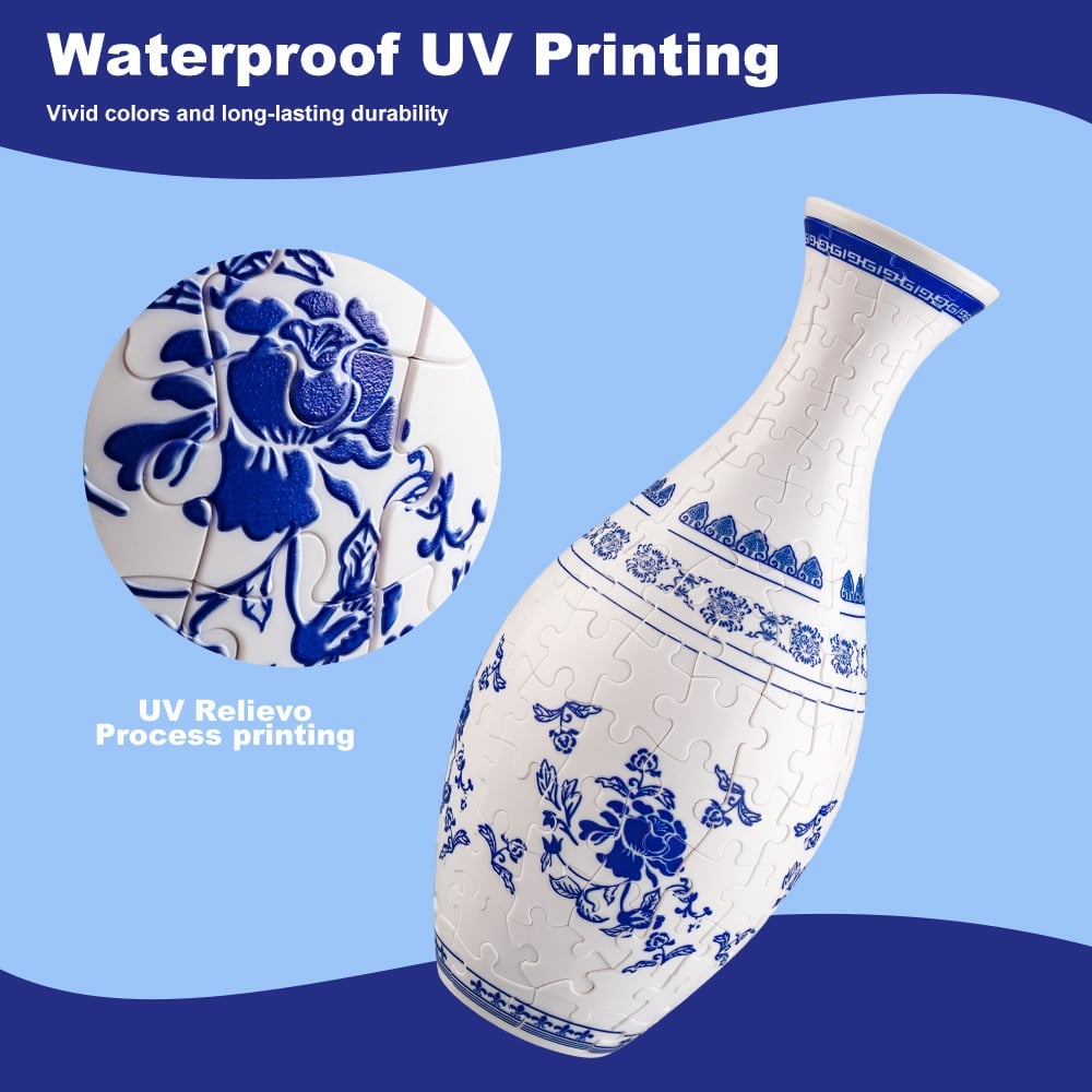 Hvid 3D puslespil vase med farverige blomster, en moderne tilføjelse til hjemmeindretning.