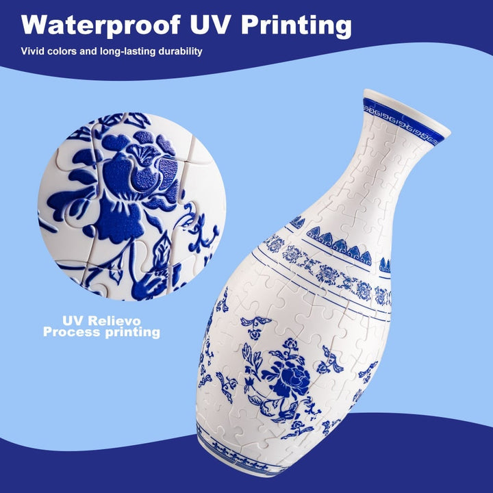 Hvid 3D puslespil vase med farverige blomster, en moderne tilføjelse til hjemmeindretning.