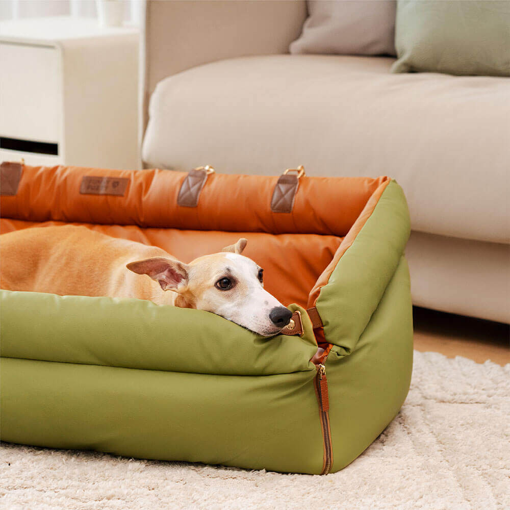 Deluxe hundeautostol i kunstlæder, tofarvet, rummelig, til mellemstore til store hunde, med plys og skridsikker bund