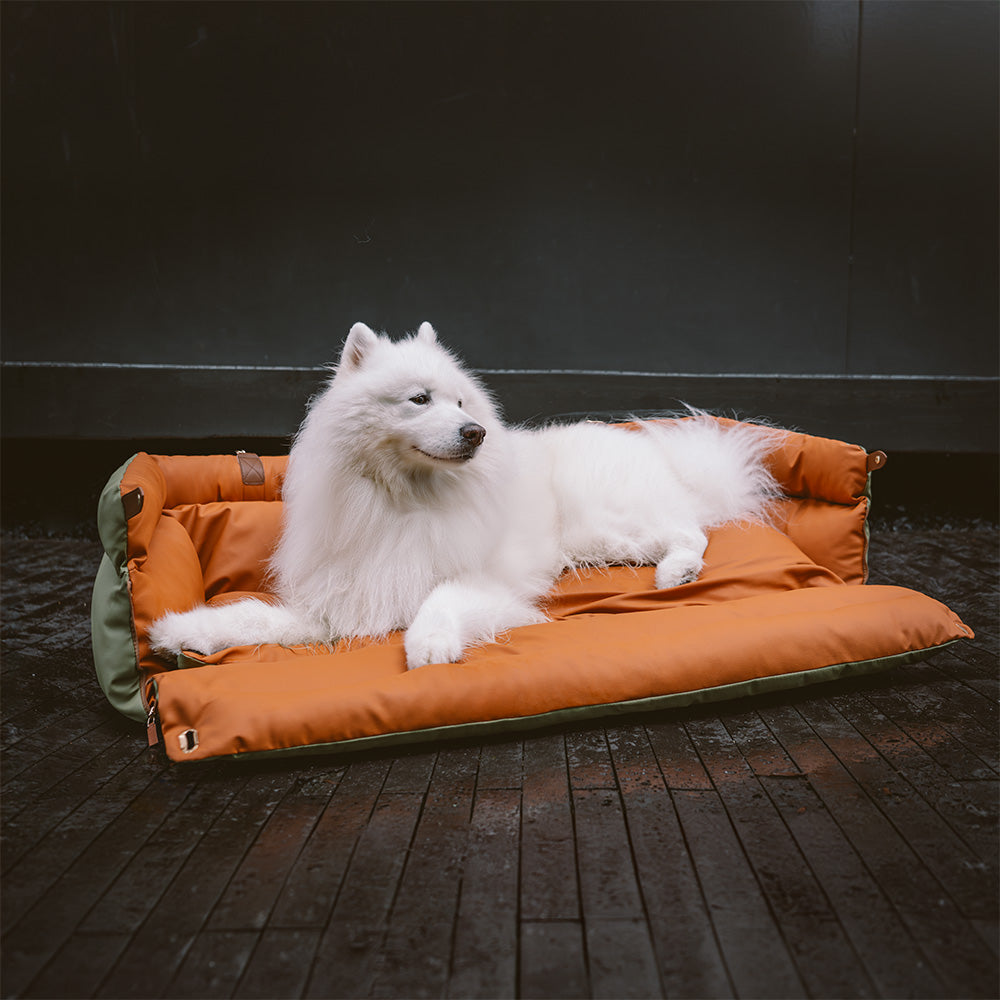 Deluxe hundeautostol i kunstlæder, tofarvet, rummelig, til mellemstore til store hunde, med plys og skridsikker bund