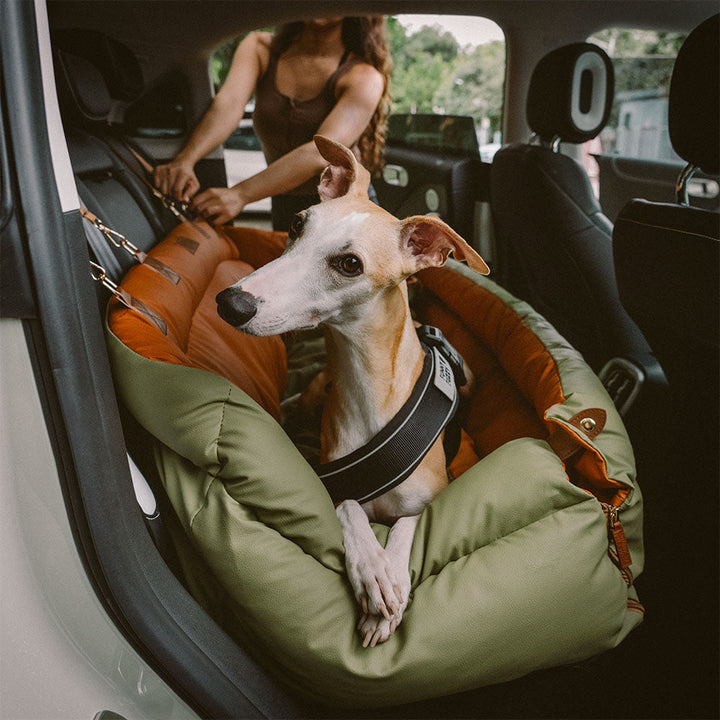 Deluxe hundeautostol i kunstlæder, tofarvet, rummelig, til mellemstore til store hunde, med plys og skridsikker bund
